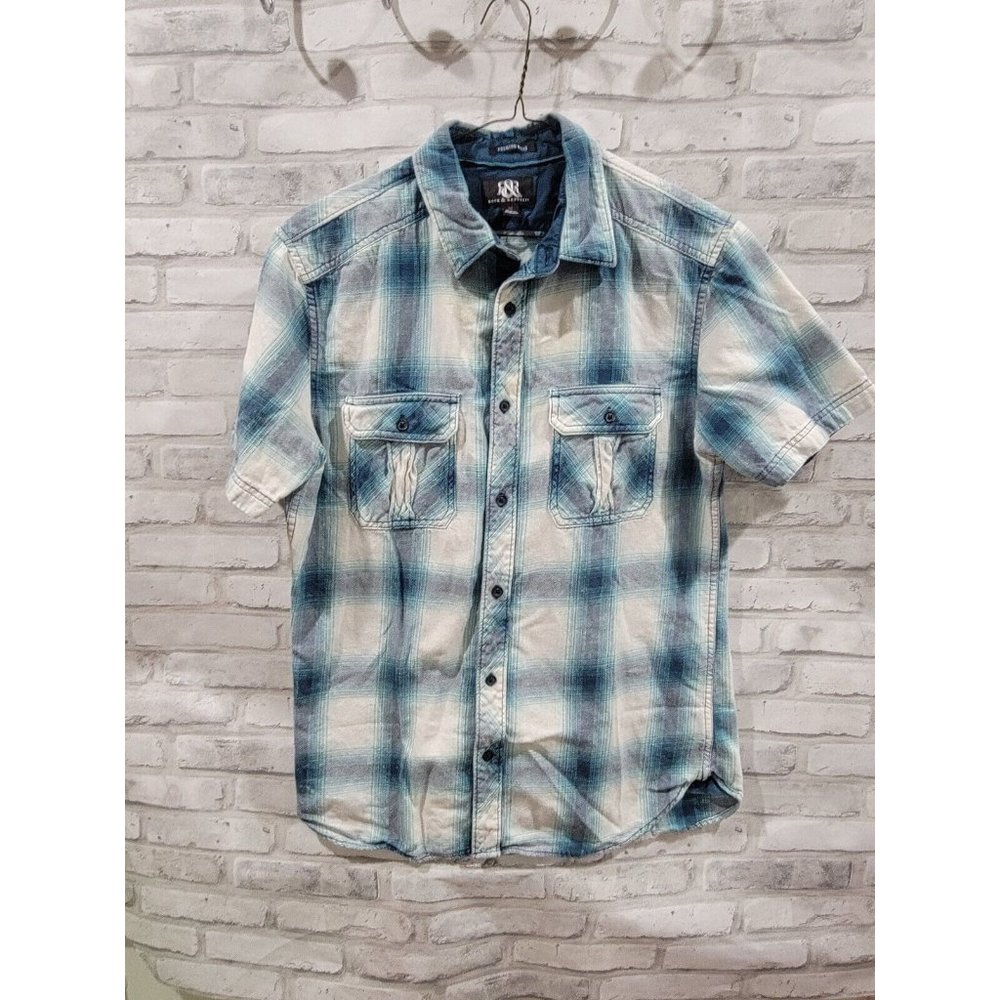 Rock and Republic Short Sleeve Button Down Plaid Blue White Shirt Size Medium
